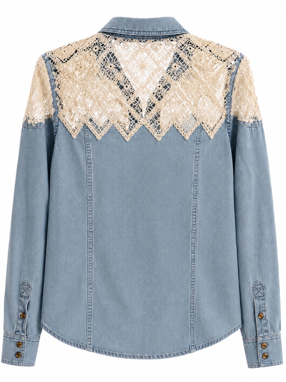 We The Free | Free People Blue Denim Crochet Lace Top Cotton Button Up XS Boho - Picture 3 of 13
